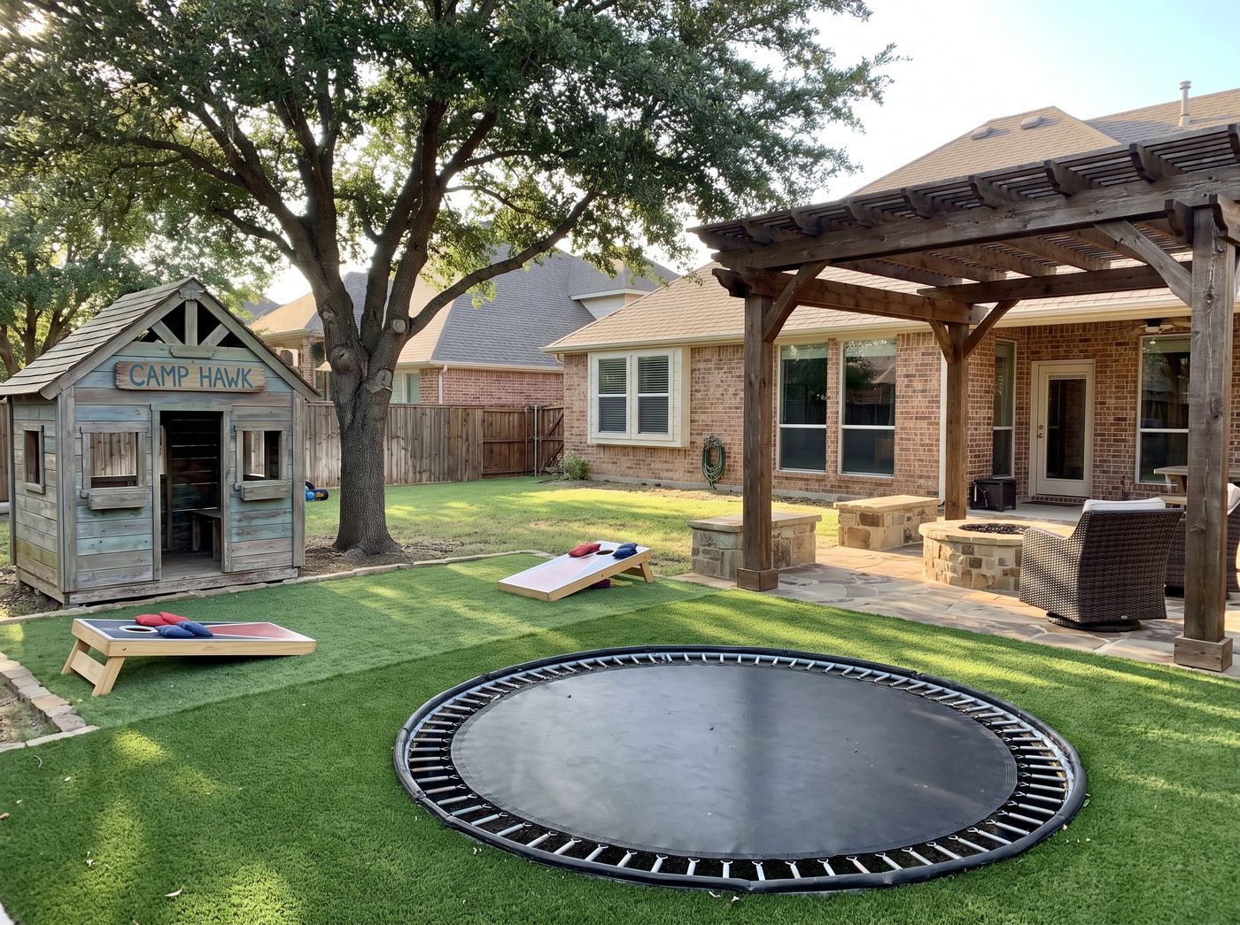 Backyard Turf Featuring Playhouse and Trampoline