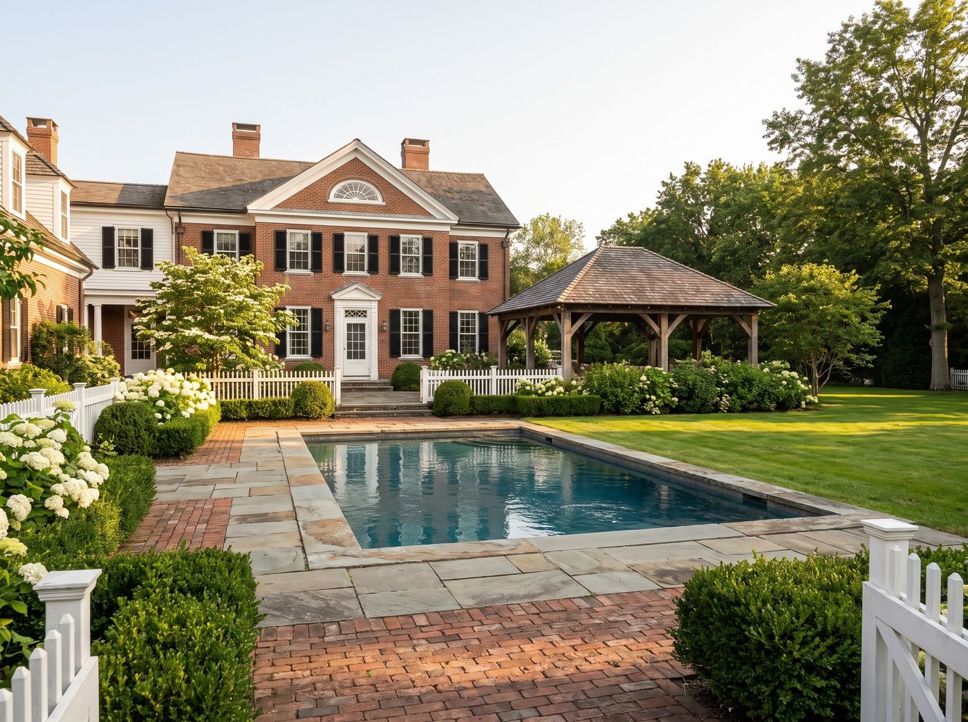 Brick Estate Pool with Covered Pavilion