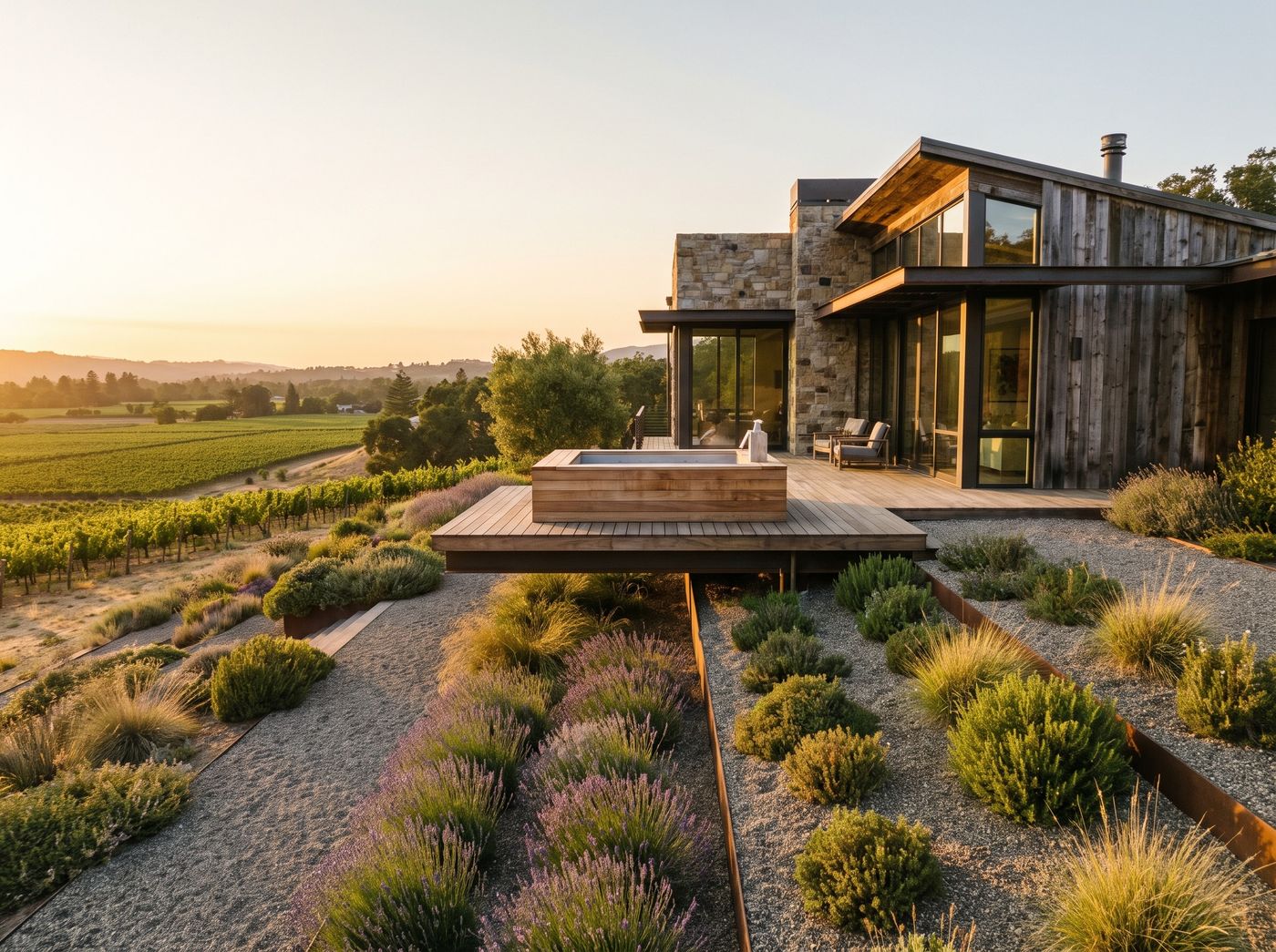 Cantilevered Timber Deck with Wood Hot Tub