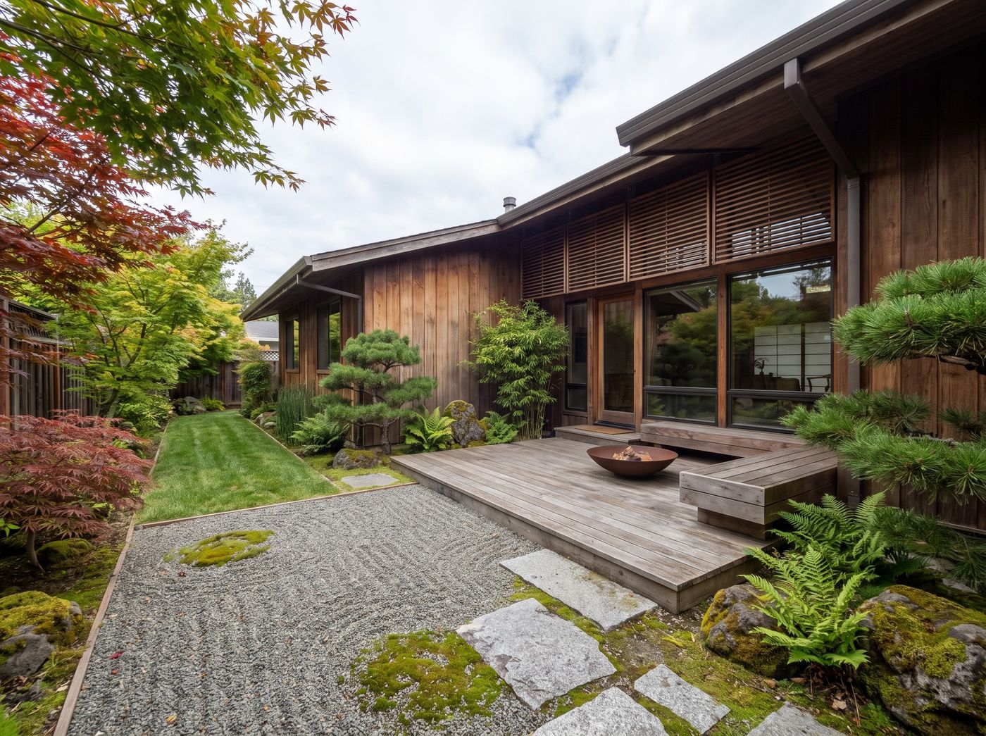 Cedar Deck Beside Raked Gravel Garden