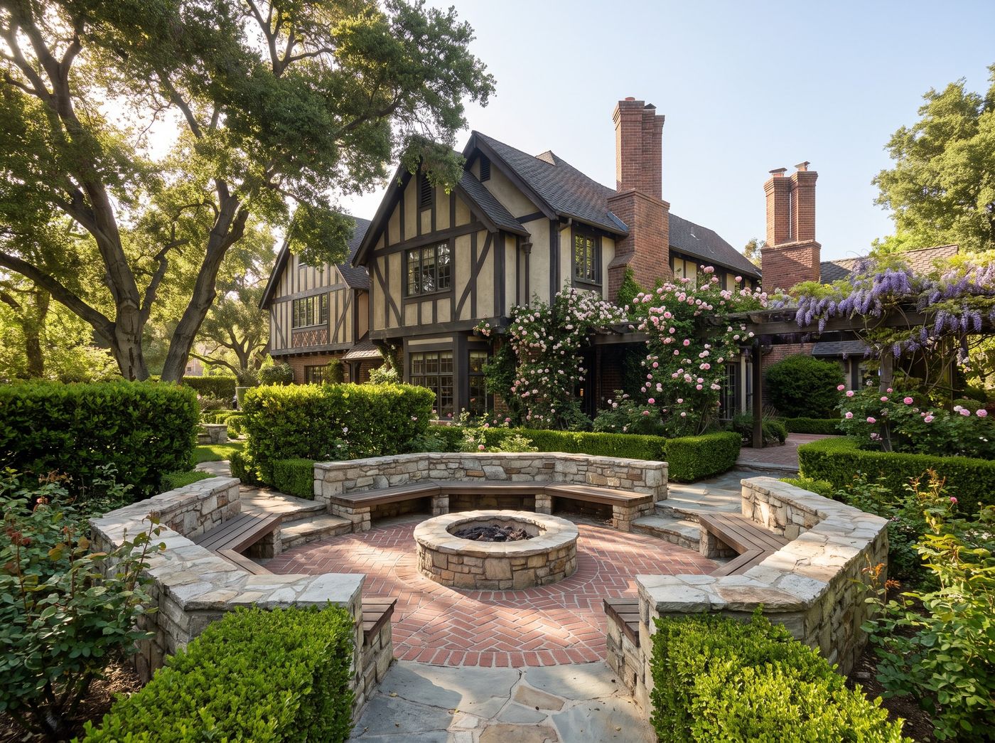 Circular Brick Fire Pit and Stone Seating