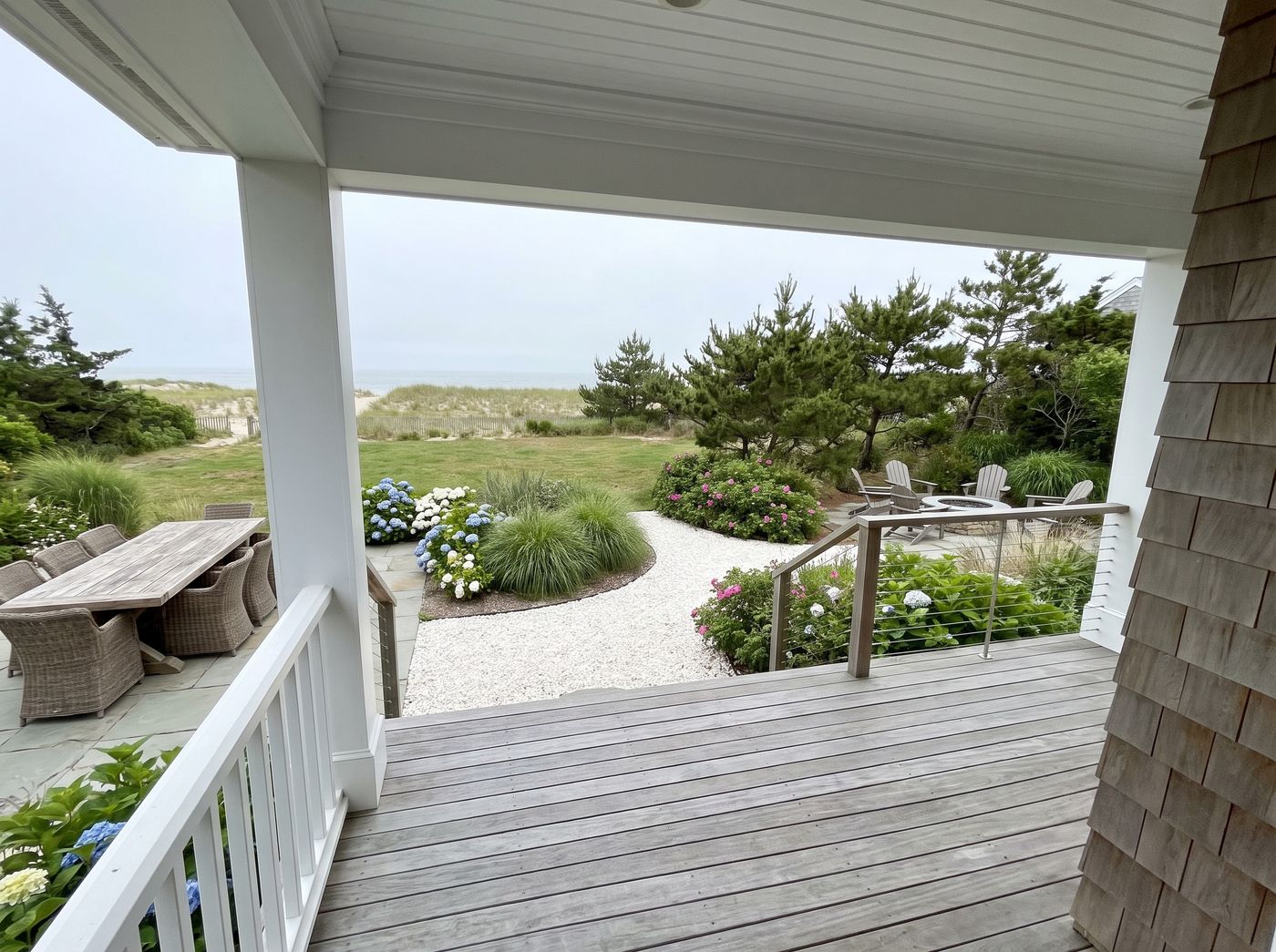 Coastal Backyard with Fire Pit and Dining