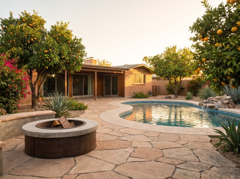 Curved Pool Beside Circular Fire Pit