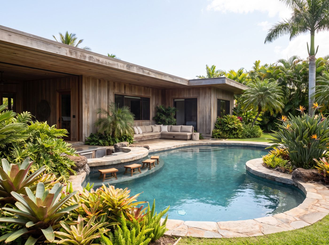 Curved Pool with Swim-Up Stone Bar