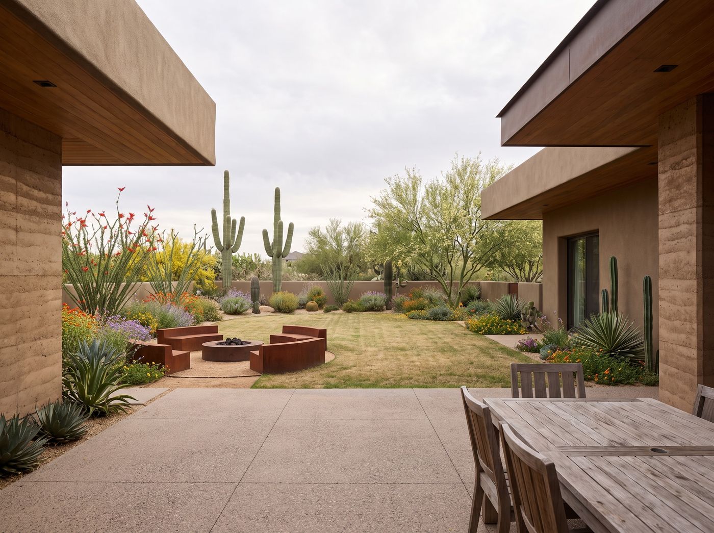Desert Patio Overlooking Fire Pit and Lawn