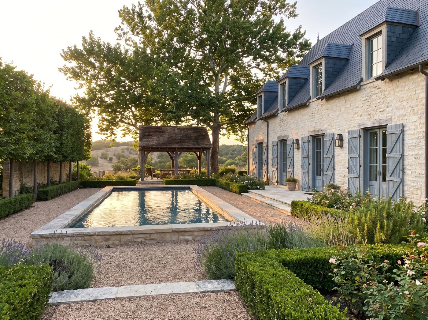 French Country Pool with Shaded Pavilion