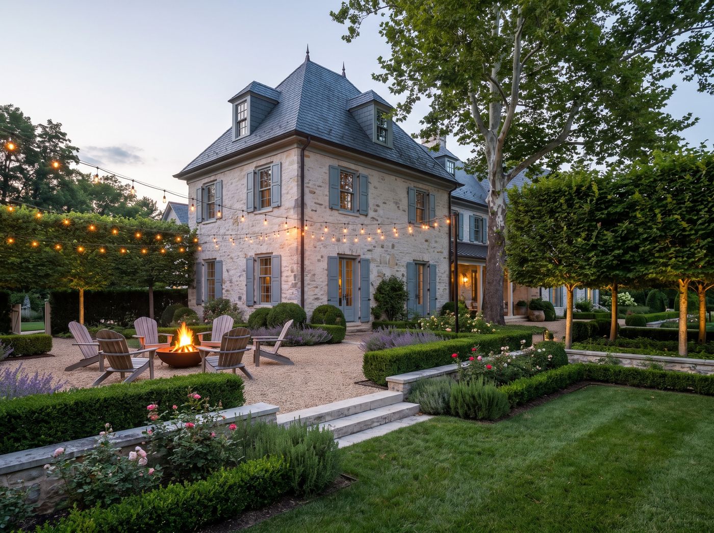 Gravel Patio with Fire Pit and String Lights