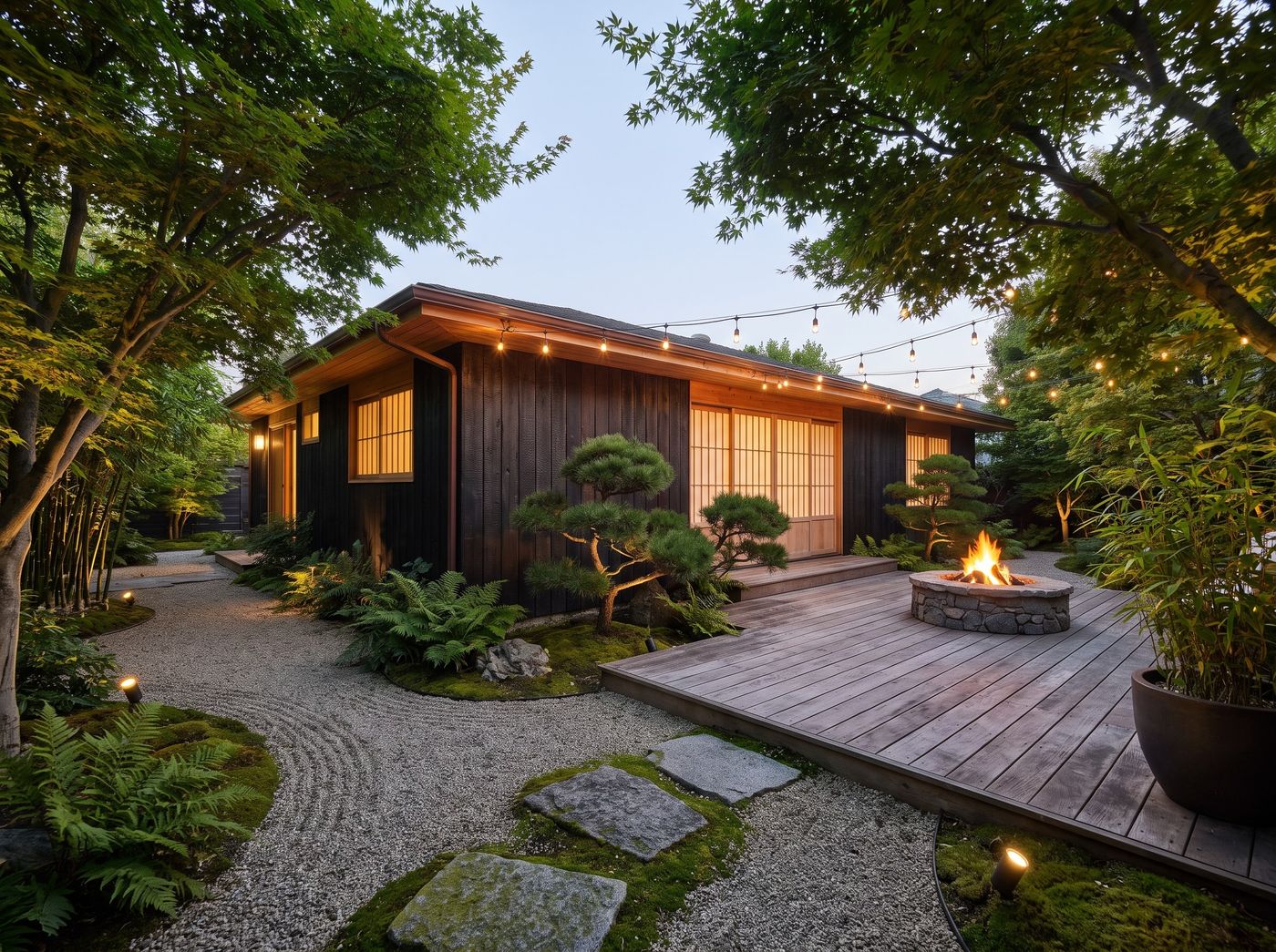 Japanese Backyard Pavilion with Stone Fire Pit