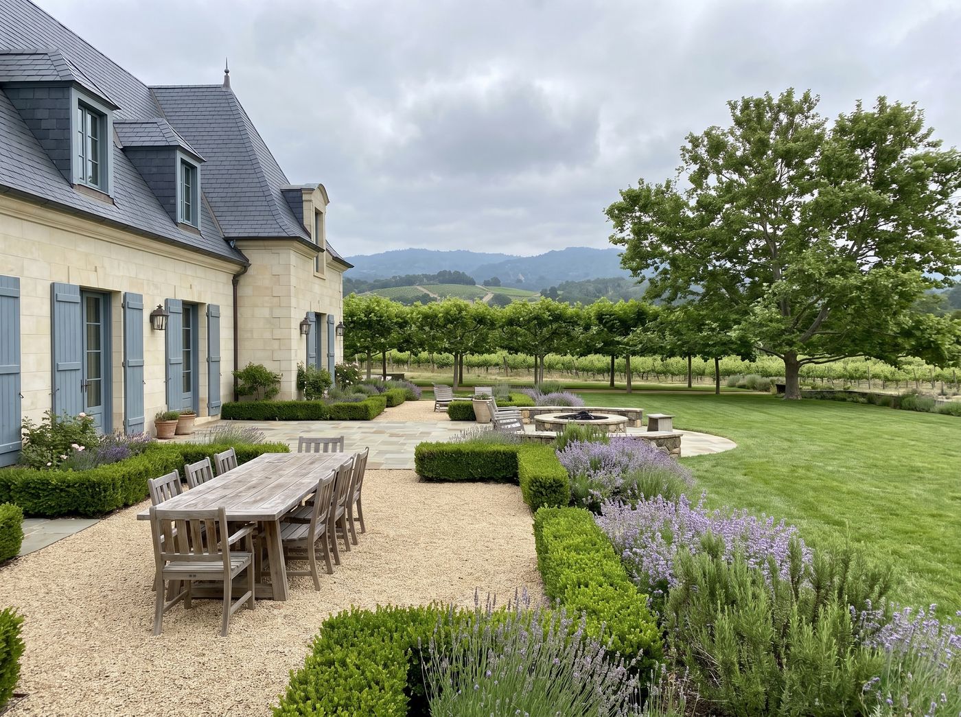 Limestone Estate Backyard with Fire Pit