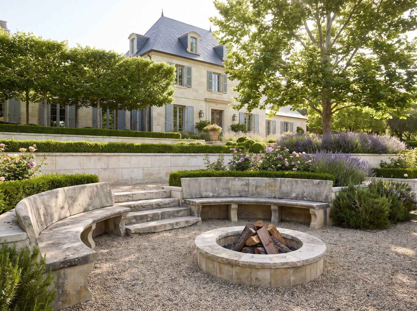 Limestone Fire Pit with Curved Bench Seating