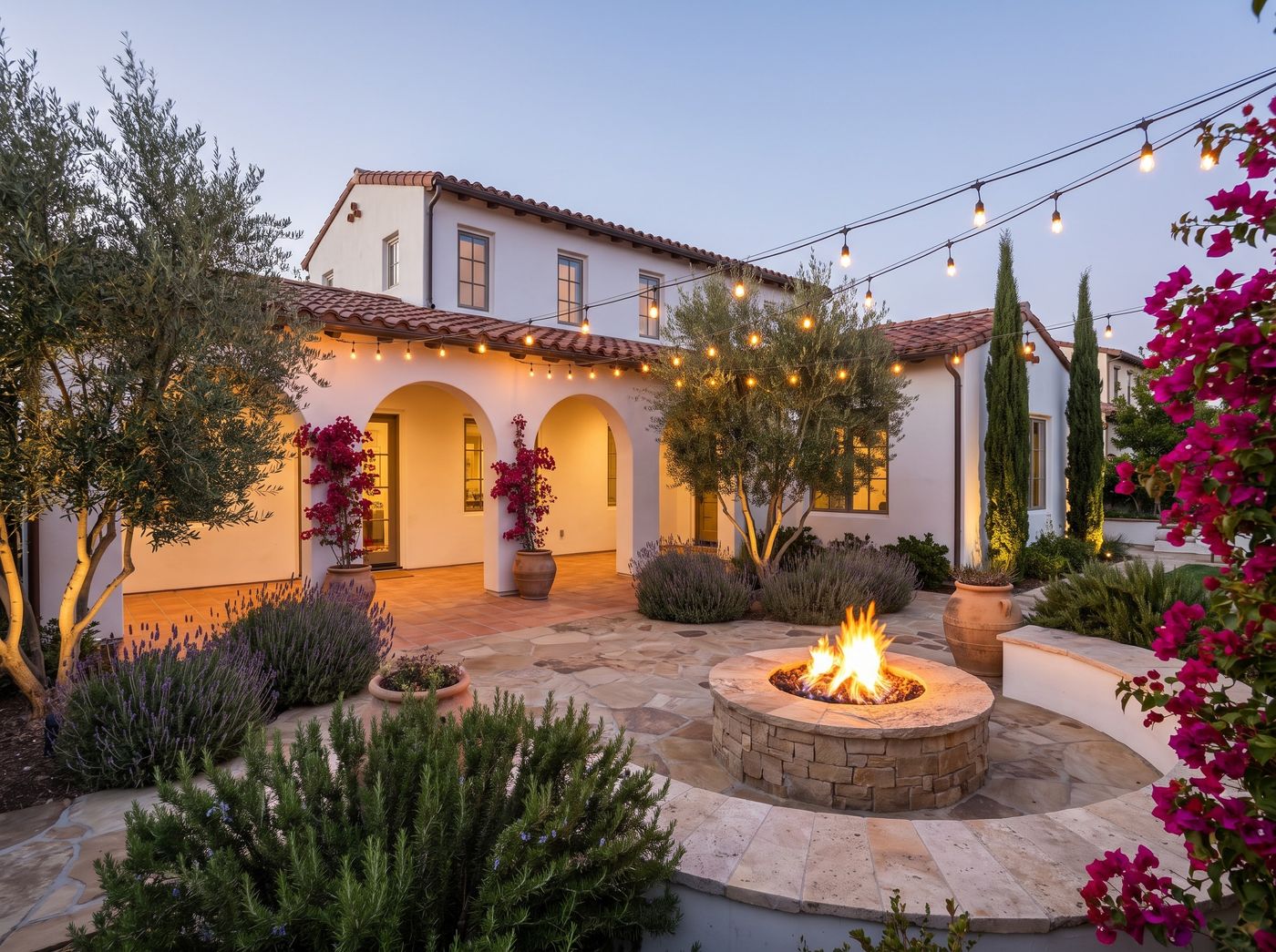 Mediterranean Courtyard with Stone Fire Pit