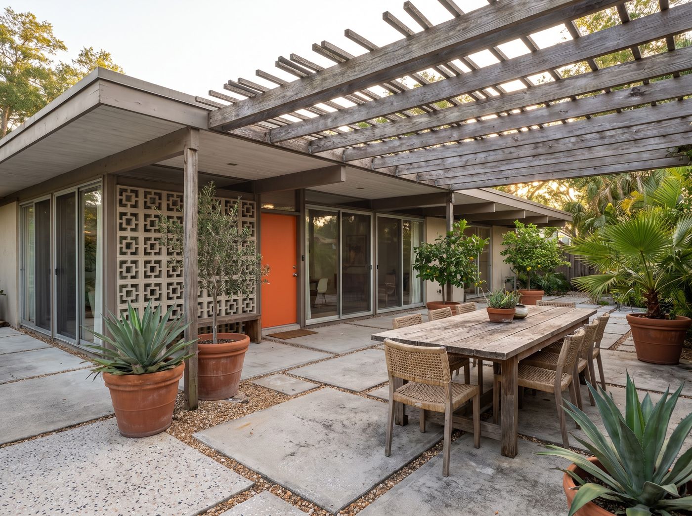 Mid-Century Patio with Wooden Pergola