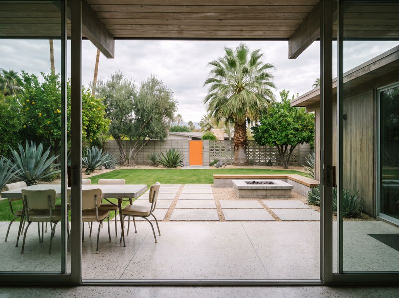 Post-and-Beam Patio with Fire Pit and Lawn