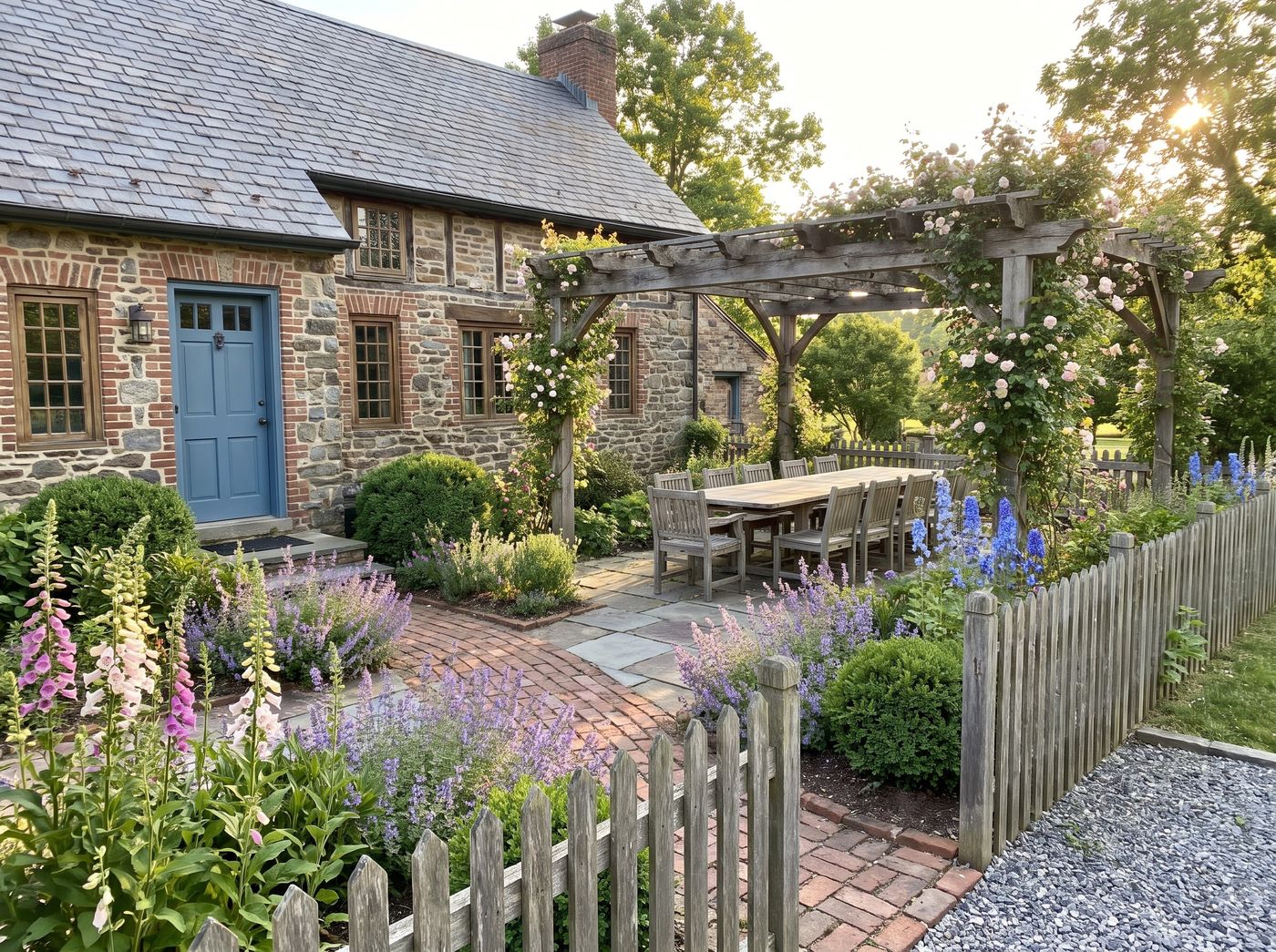 Rose-Covered Pergola over Cottage Dining Patio