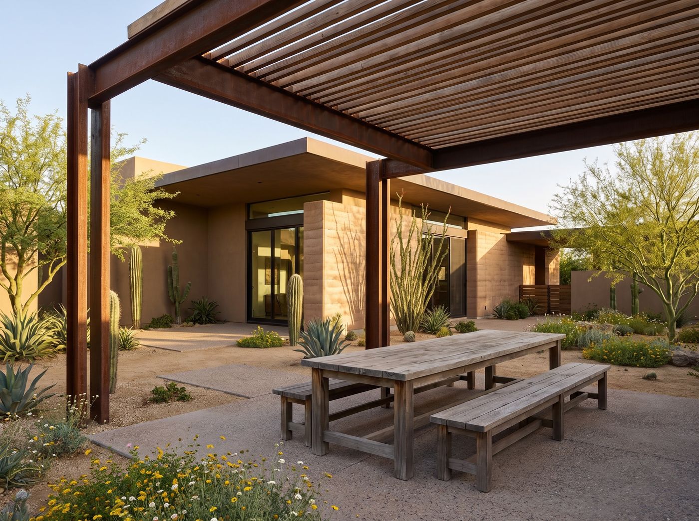 Slatted Pergola over Desert Dining Patio