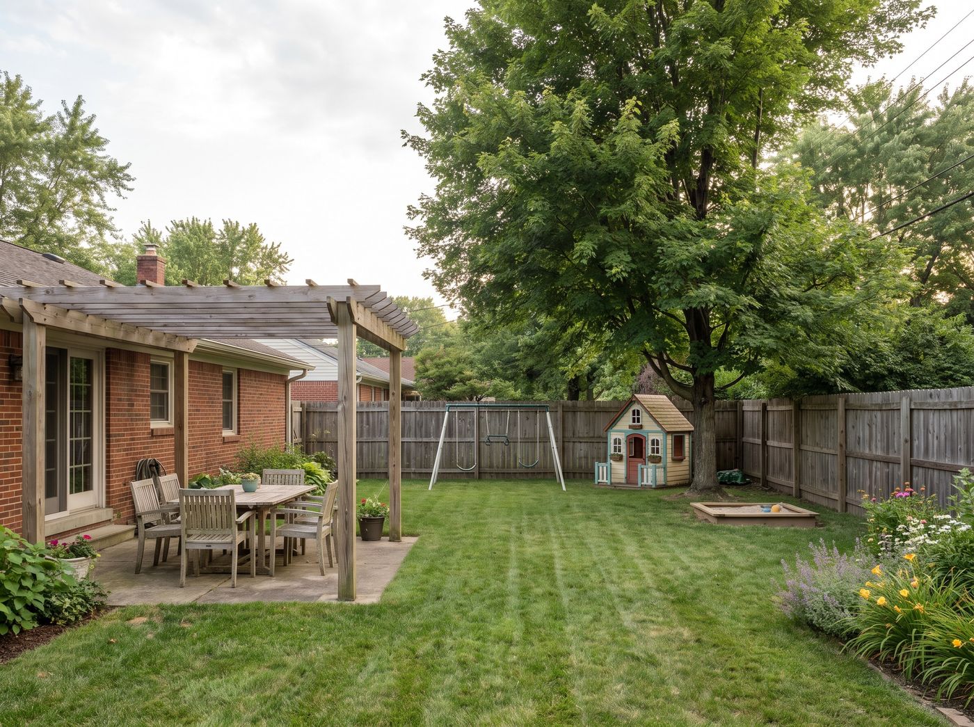 Spacious Lawn with Children's Playhouse