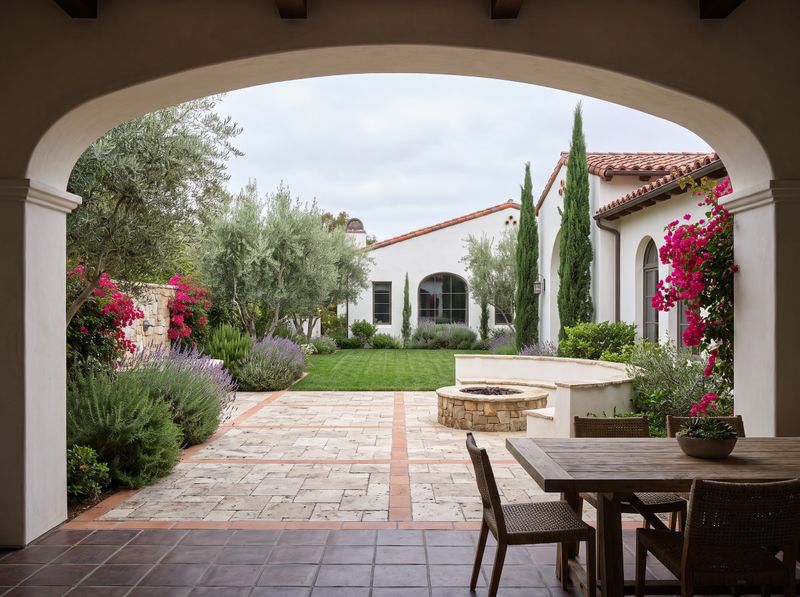 Spanish Revival Patio with Stone Fire Pit