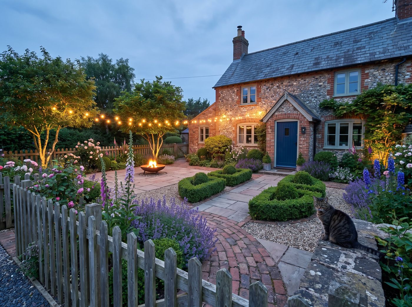 Stone Cottage Garden with Fire Pit