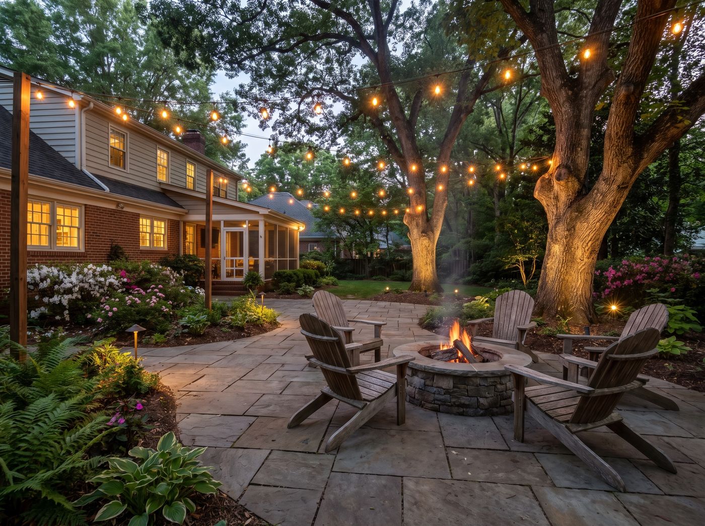 Stone Fire Pit Beneath String Lights