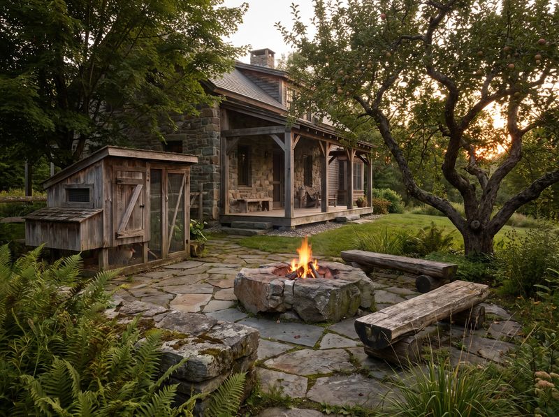Stone Fire Pit beside Log Benches