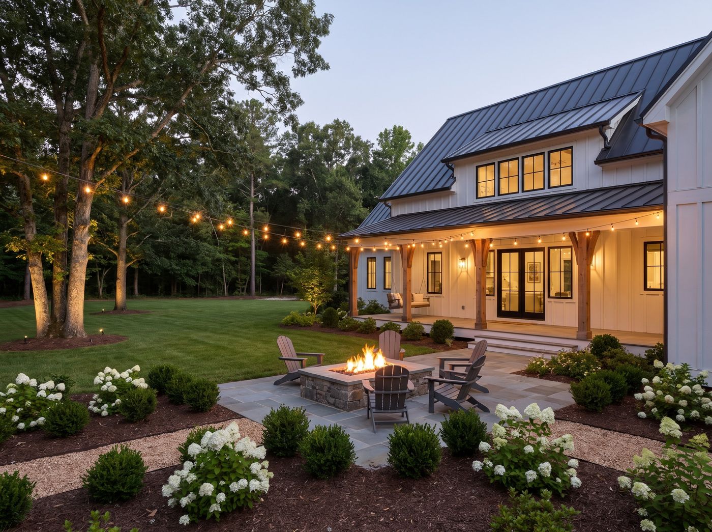 Stone Fire Pit Beside Modern Farmhouse
