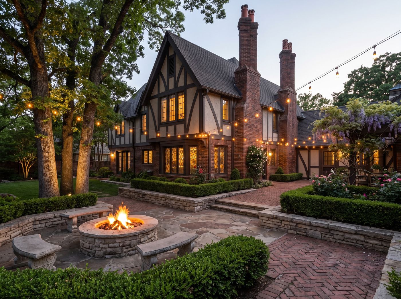 Stone Fire Pit Beside Tudor Residence