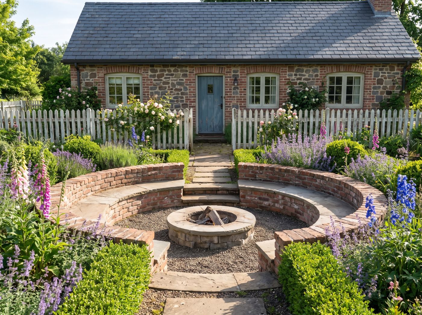 Sunken Brick Fire Pit with Curved Seating