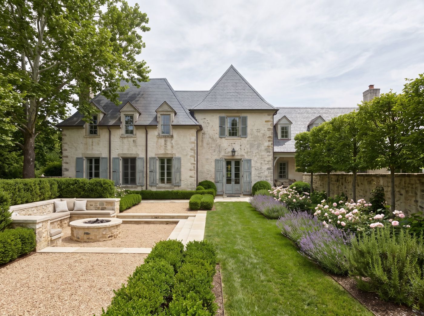Sunken Gravel Terrace with Stone Fire Pit