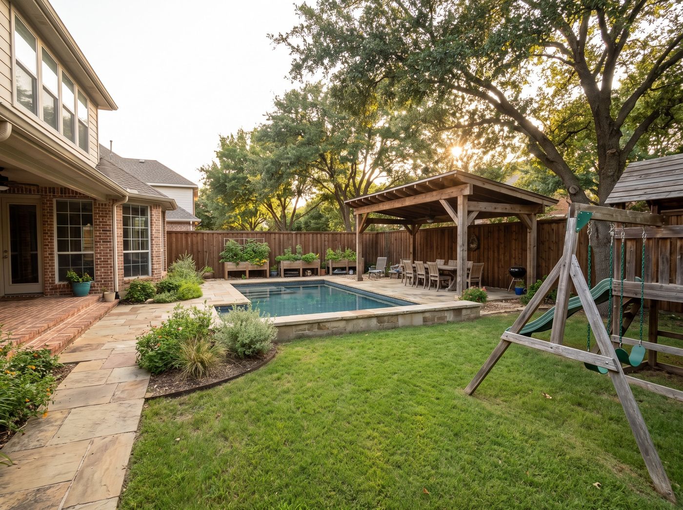 Sunlit Backyard Pool Beside Timber Pavilion