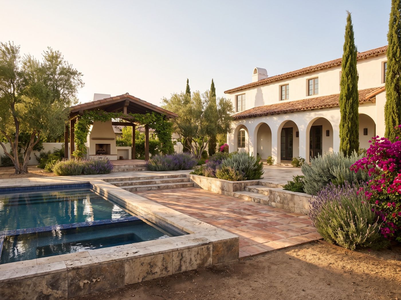 Sunlit Pool Beside Covered Fireplace Pavilion