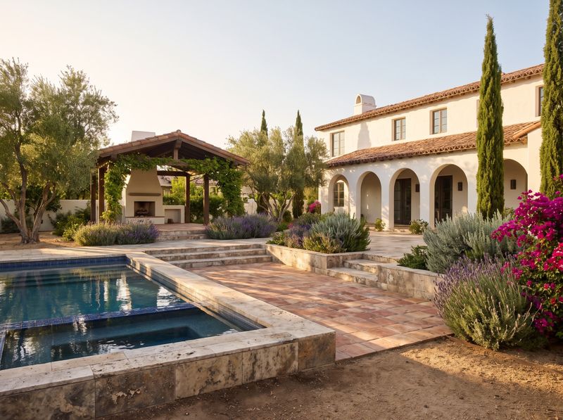 Sunlit Pool Beside Covered Fireplace Pavilion