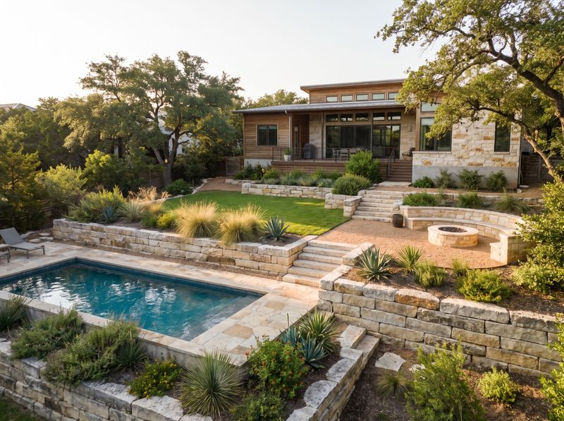Terraced Backyard with Pool and Fire Pit