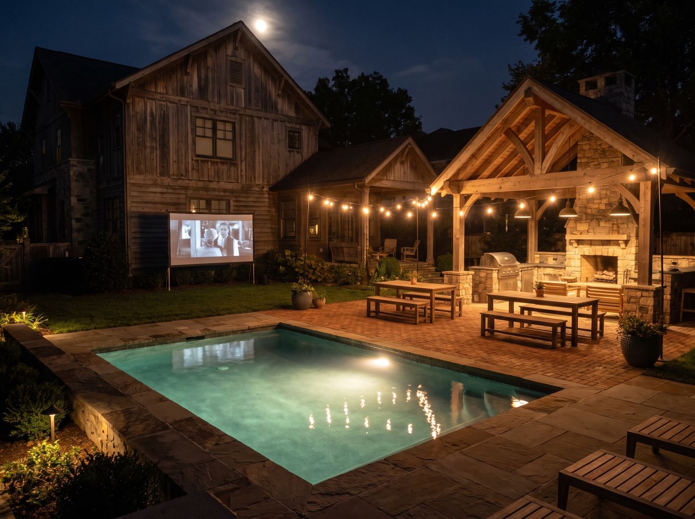 Timber Pavilion and Pool with Movie Screen