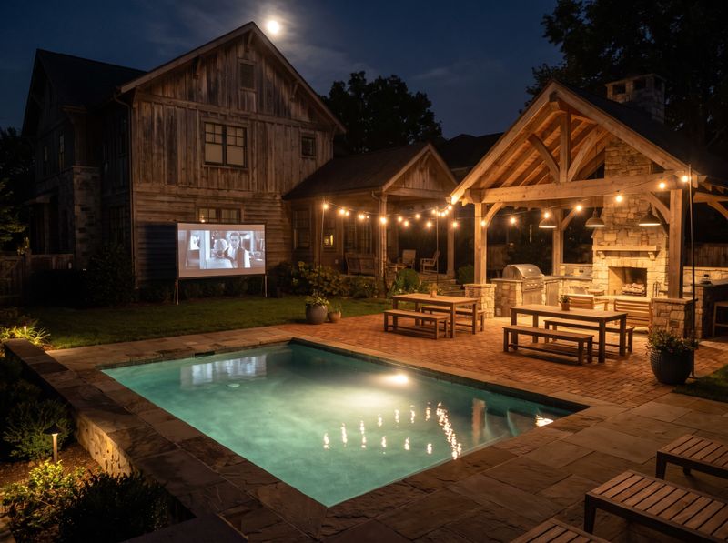 Timber Pavilion and Pool with Movie Screen