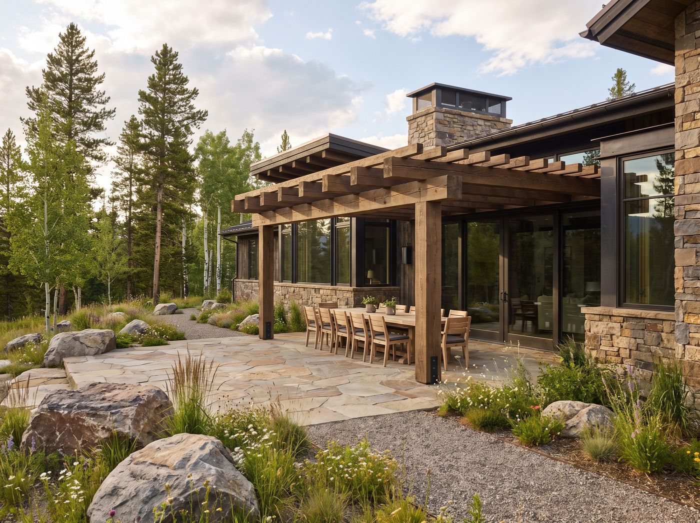 Timber Pergola Shading Stone Dining Patio