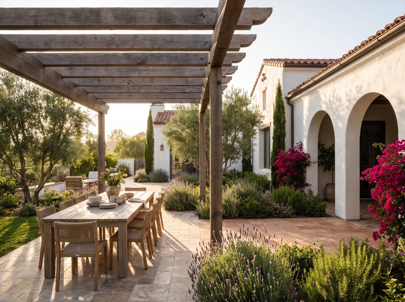 Timber Pergola Shading Stone Dining Terrace