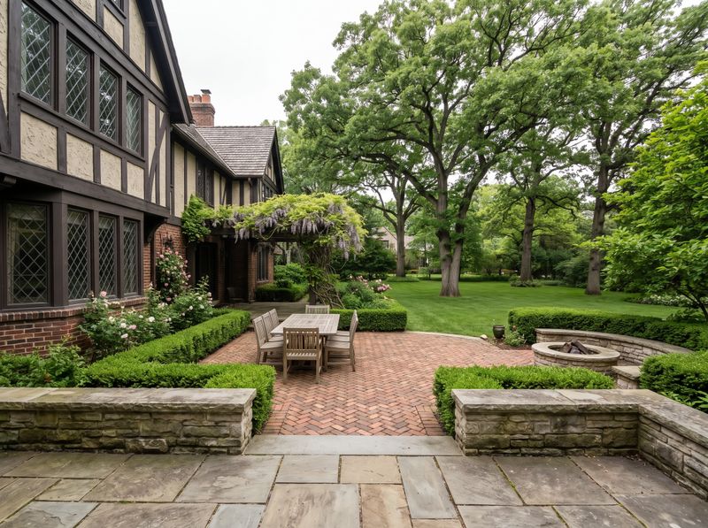 Tudor Backyard with Herringbone Brick Patio
