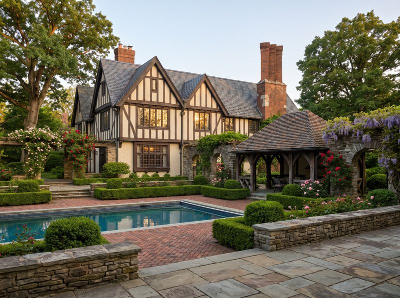 Tudor Estate Pool with Covered Pavilion