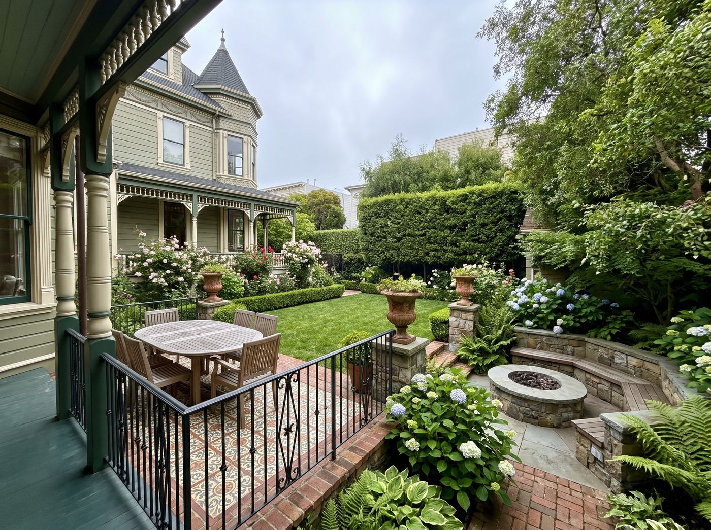 Victorian Backyard with Fire Pit and Patio
