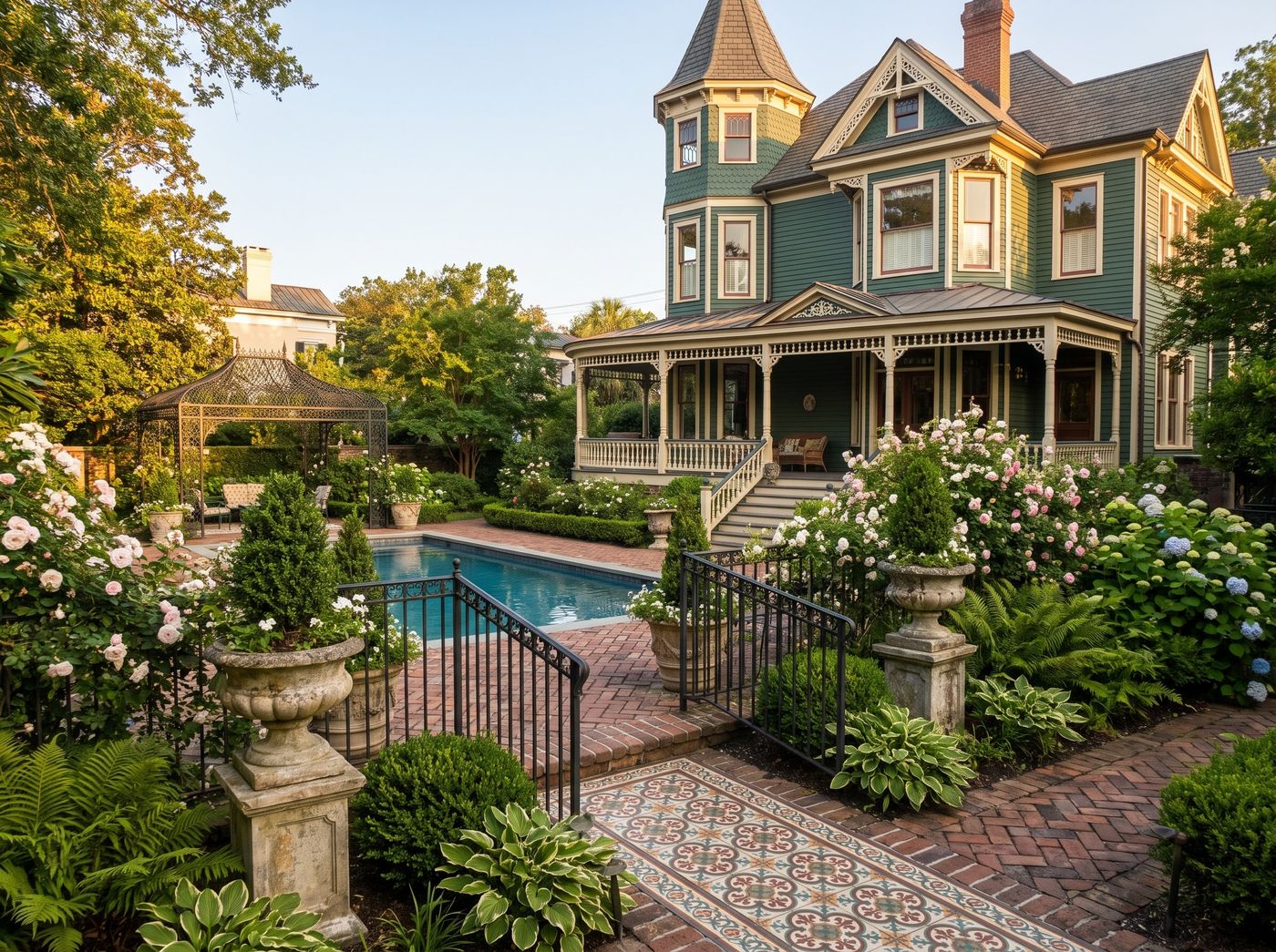 Victorian Garden with Pool and Patterned Tile