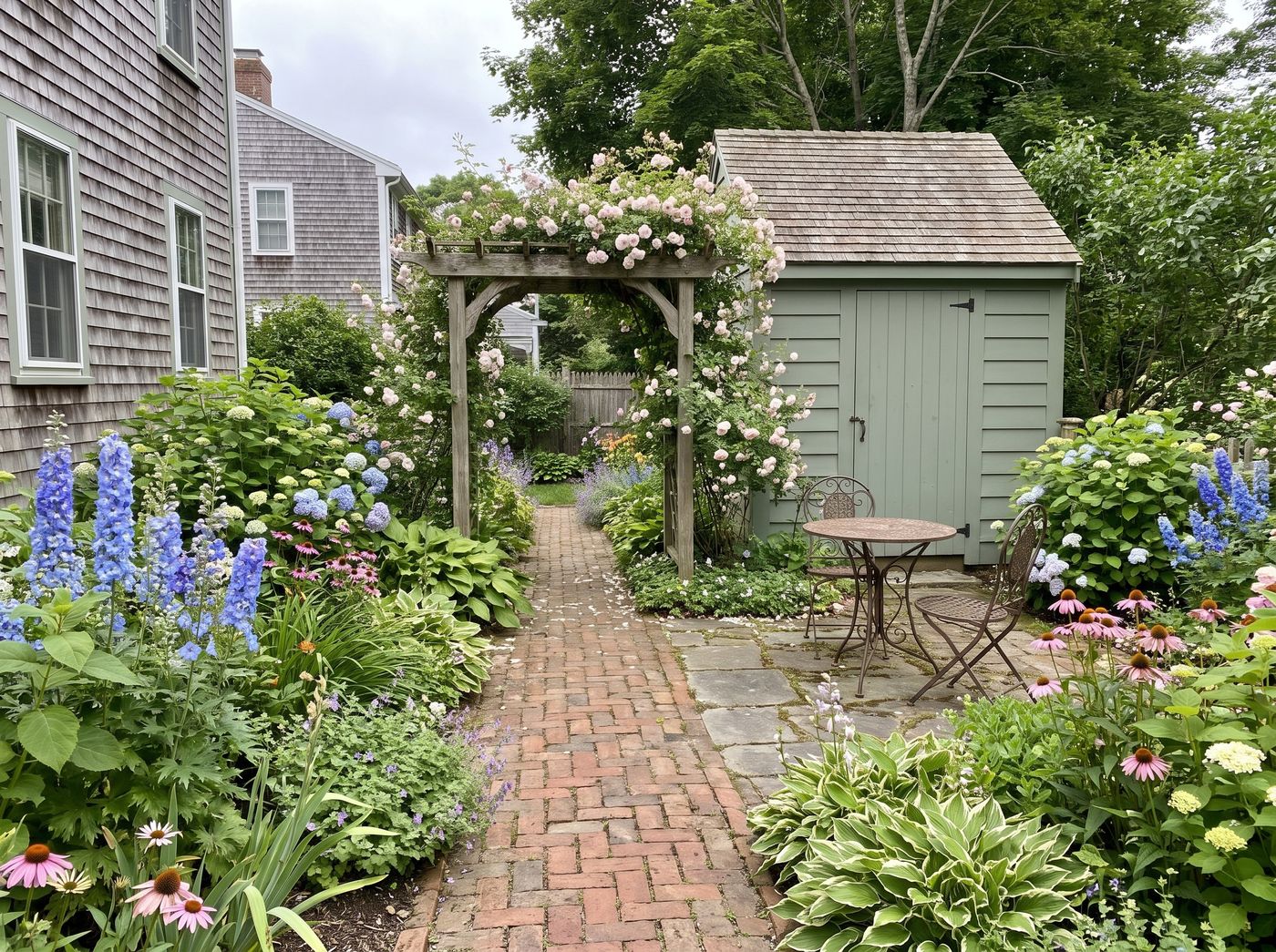 Weathered Timber Arbor Along Brick Path