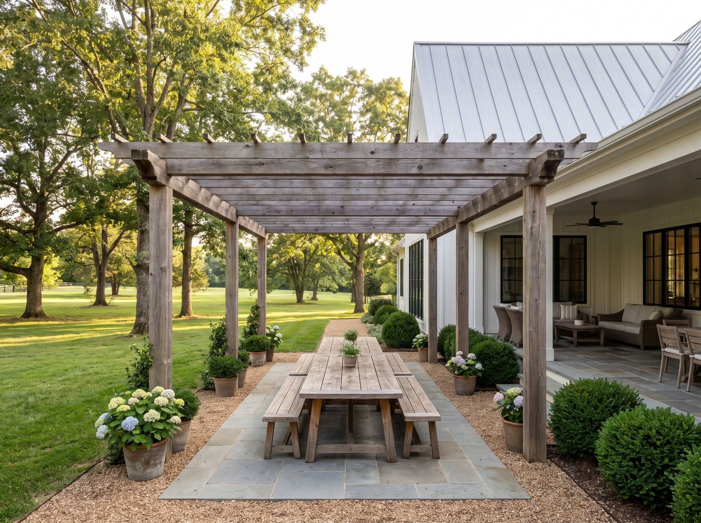 Weathered Timber Pergola Covering Outdoor Dining