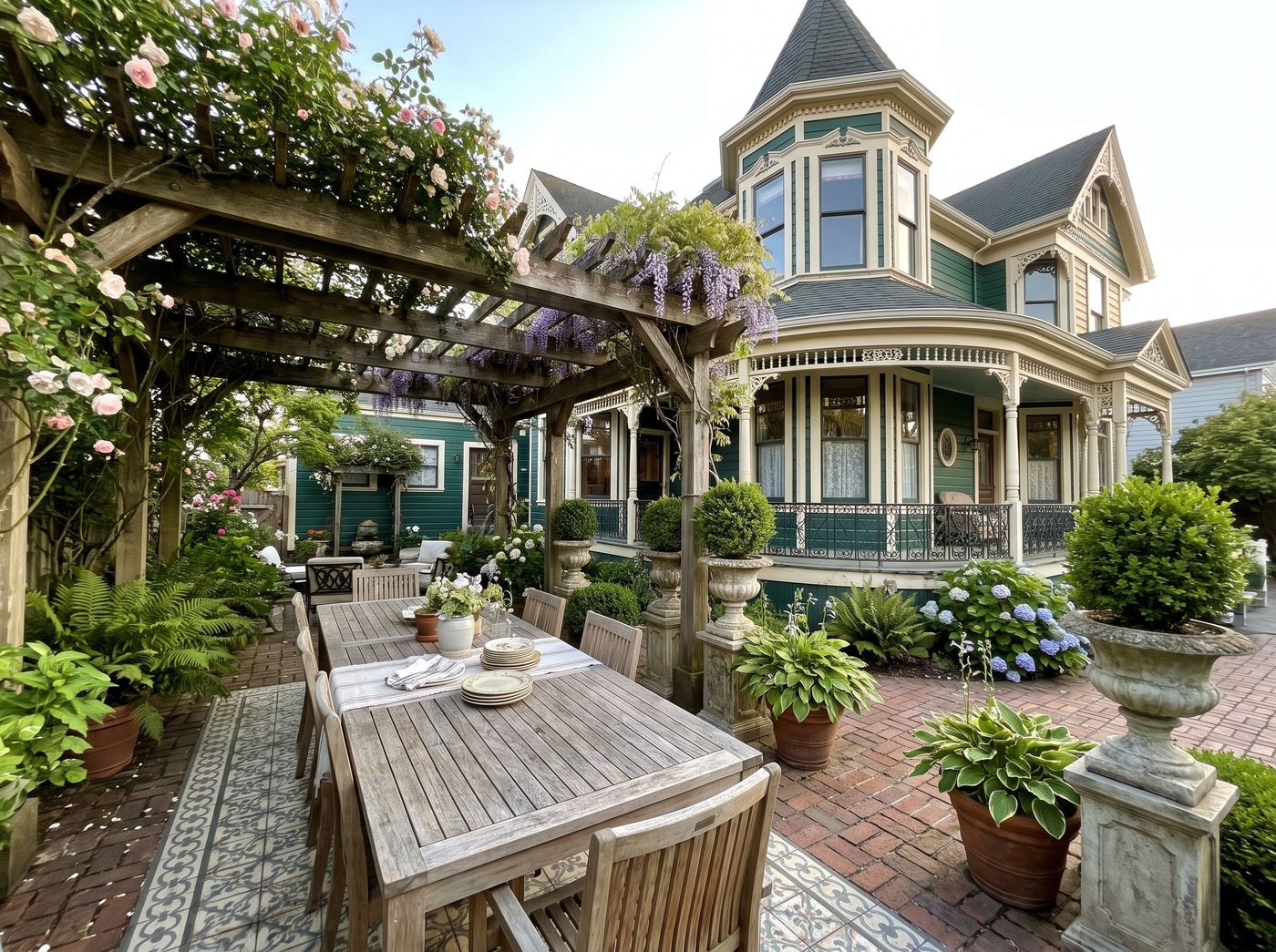 Wisteria-Covered Pergola Over Victorian Dining Patio