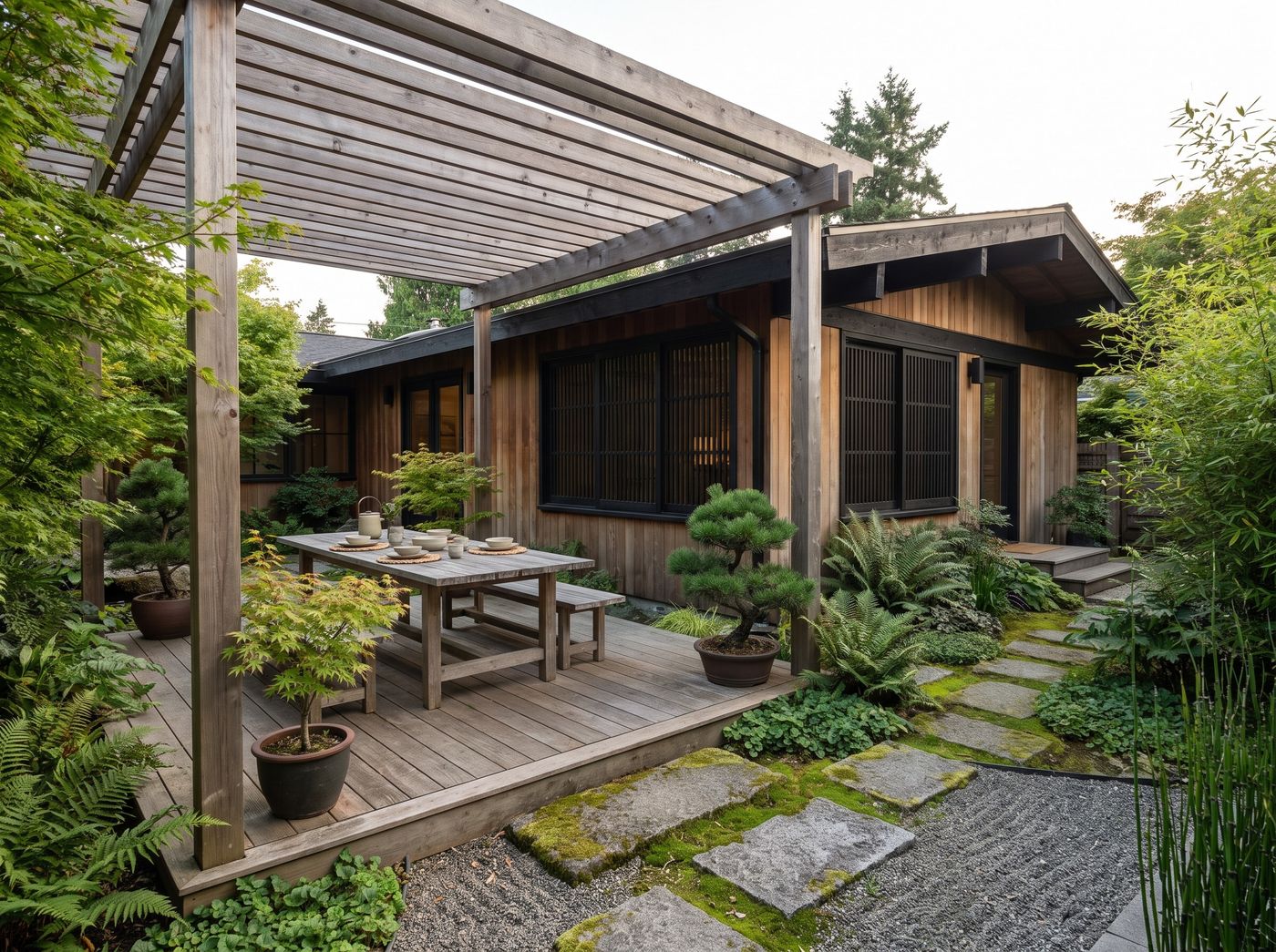 Zen Dining Deck Sheltered by Pergola