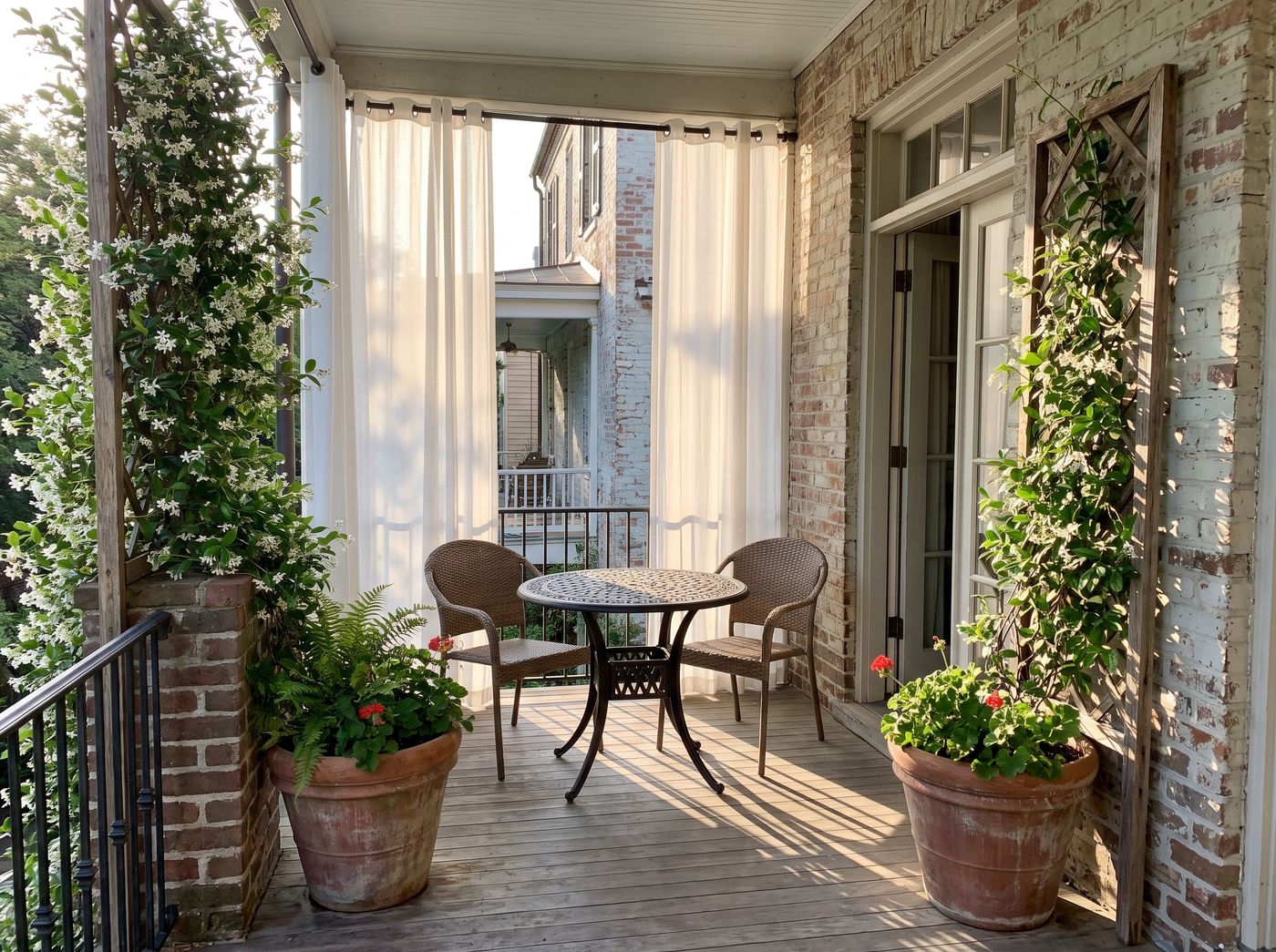 Brick Balcony with Sheer Outdoor Curtains