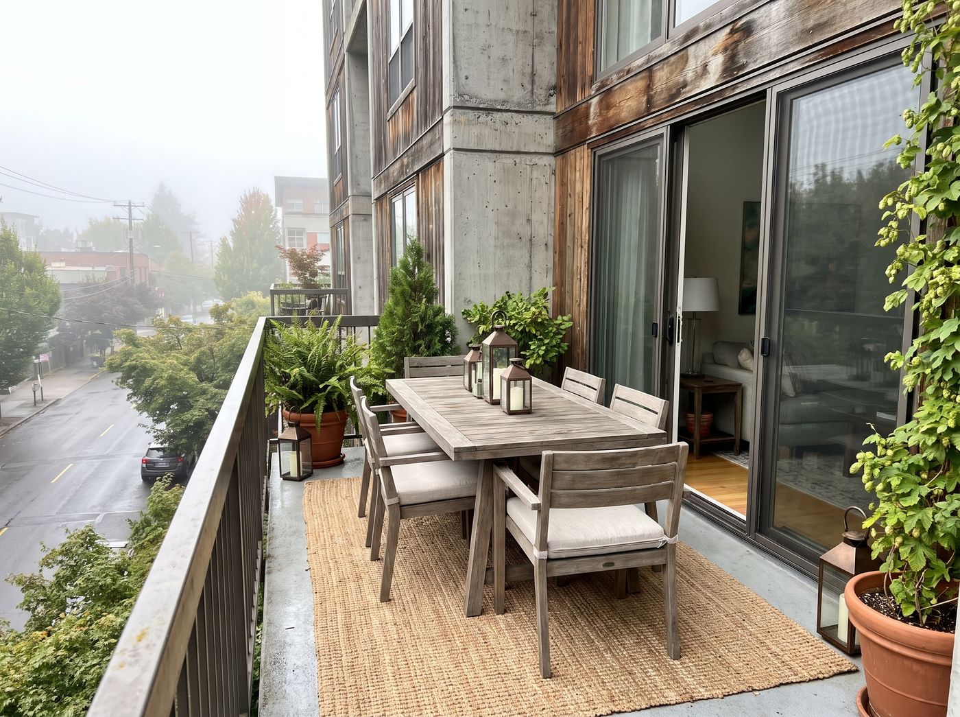 Condo Balcony Dining with Weathered Table
