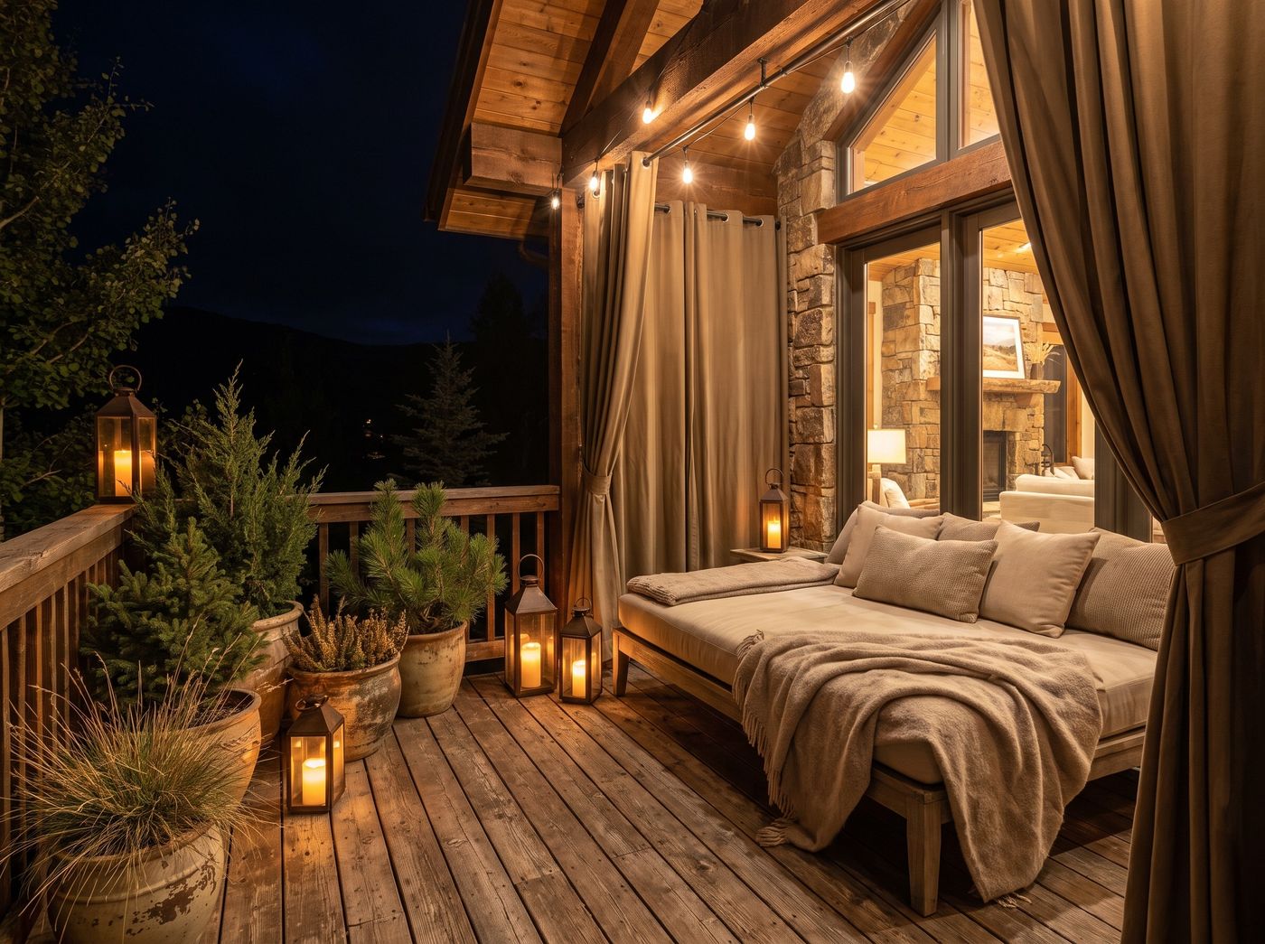 Mountain Balcony with Curtain and Daybed