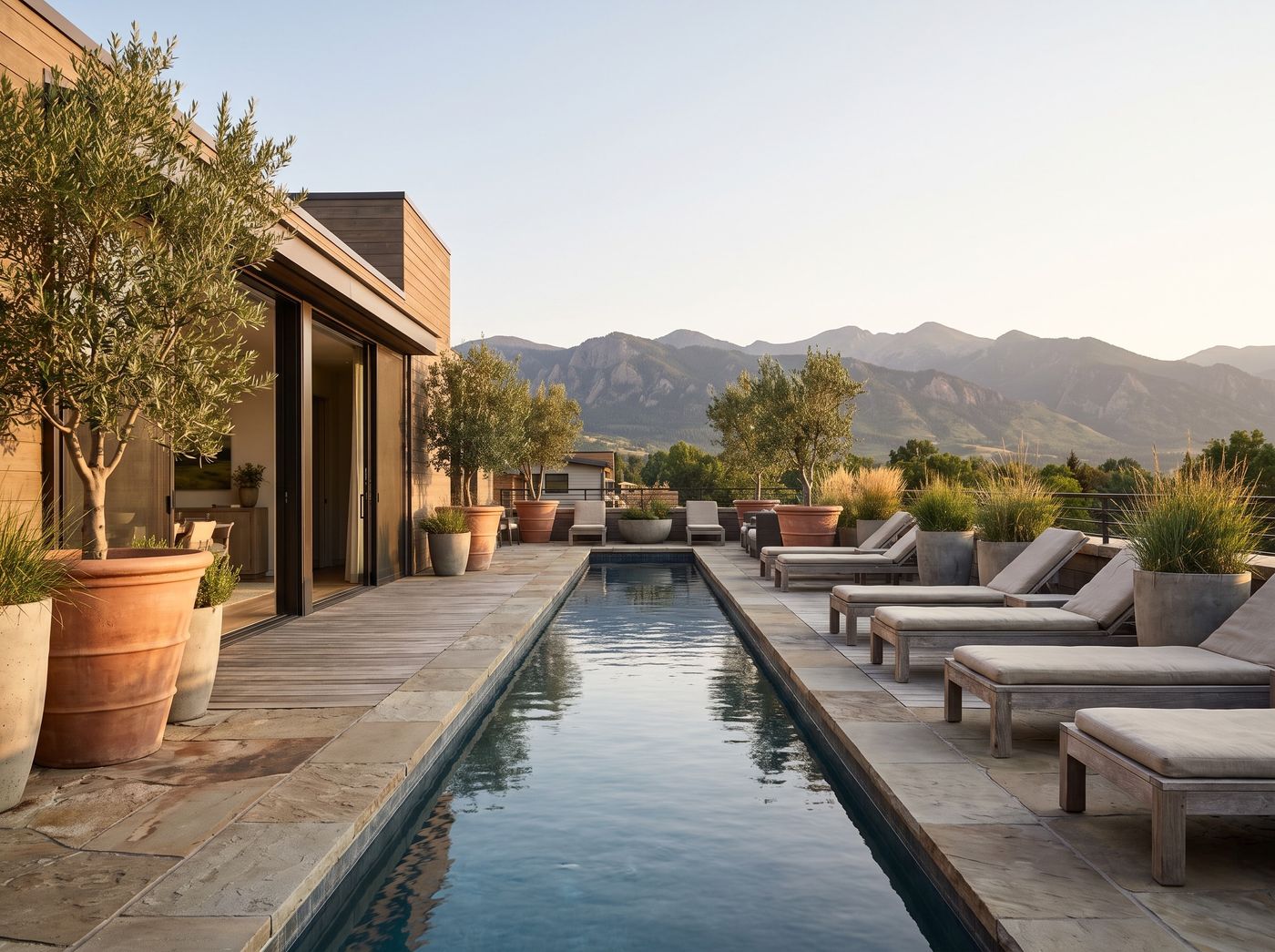 Narrow Rooftop Pool with Wooden Loungers