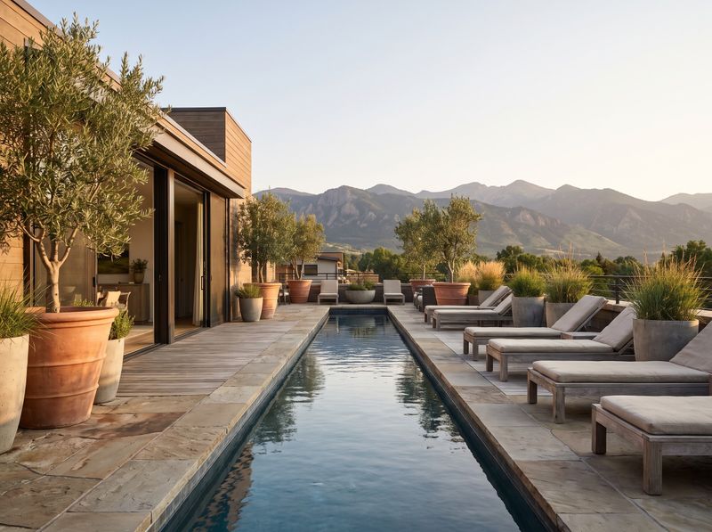 Narrow Rooftop Pool with Wooden Loungers