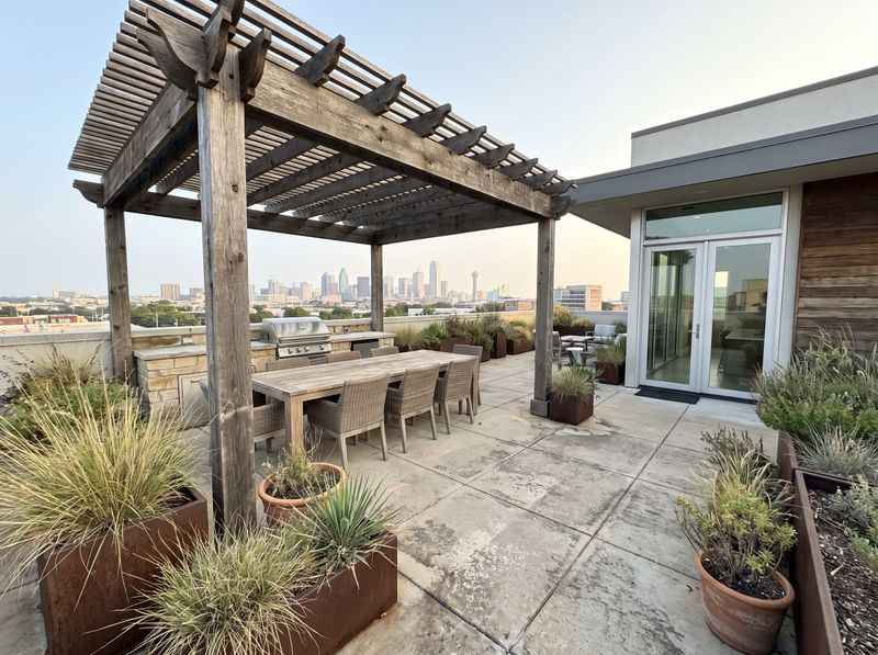 Rooftop Dining Area with Wooden Pergola